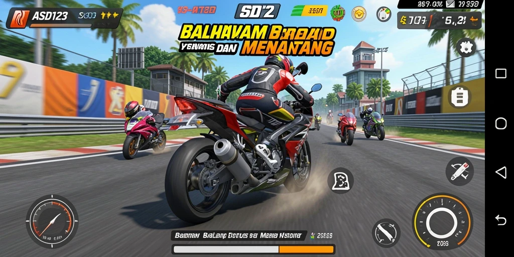 Screenshot gameplay dari balapan motor yang mendebarkan di ASD123.