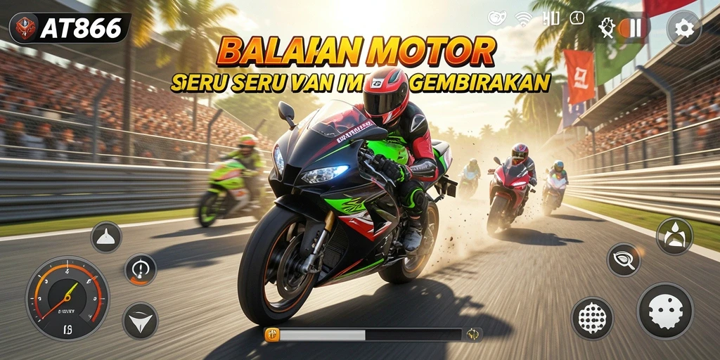 Screenshot gameplay AT866 dengan balapan motor yang mendebarkan.