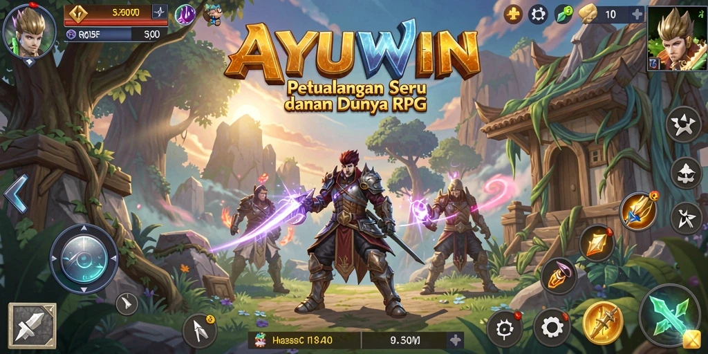 Tampilan gameplay AYUWIN saat bertarung melawan musuh dalam dunia fantasi.