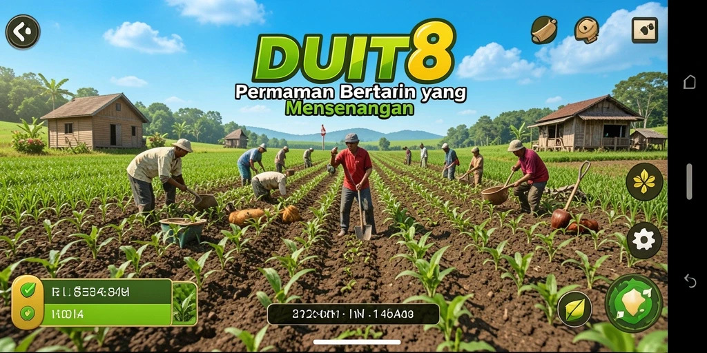 Screenshot gameplay <strong>DUIT8</strong> menampilkan suasana pertanian yang hidup dan penuh warna.