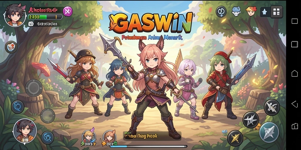 Tampilan gameplay GASWIN yang penuh warna dan dinamis.