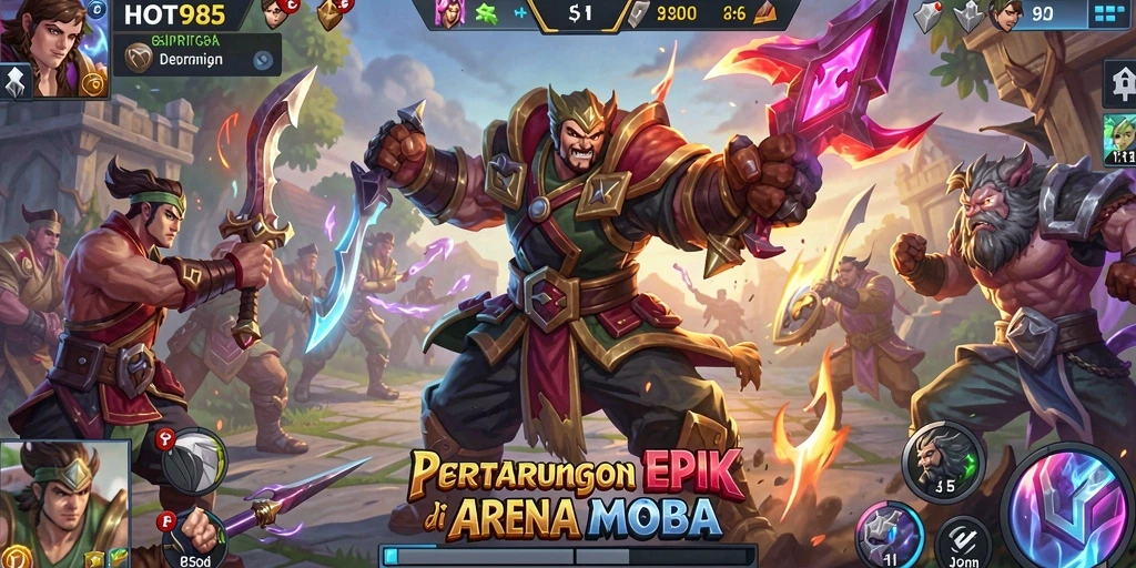 Tampilan gameplay HOT985 yang penuh aksi di arena MOBA.