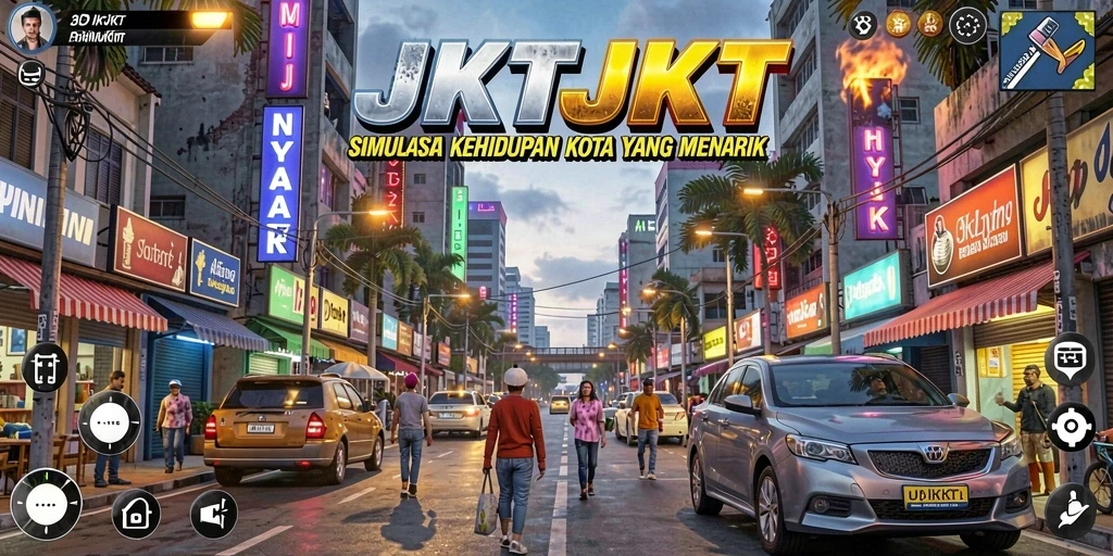 Tampilan gameplay JKTJKT yang menampilkan kehidupan kota yang dinamis.