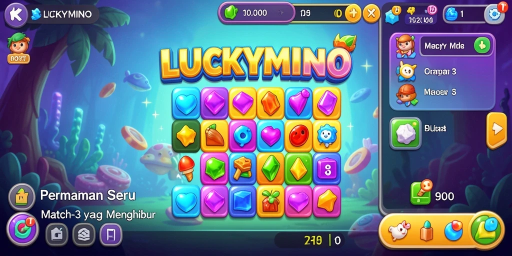 Tampilan gameplay LUCKYMINO yang penuh warna dan tantangan match-3.