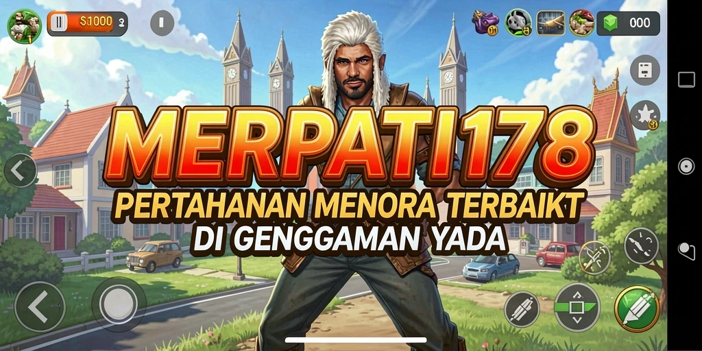 Screenshot utama MERPATI178 menunjukkan aksi menara bertahan melawan gelombang musuh.