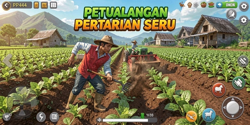 Screenshot PP444 yang menunjukkan keseruan gameplay pertanian.