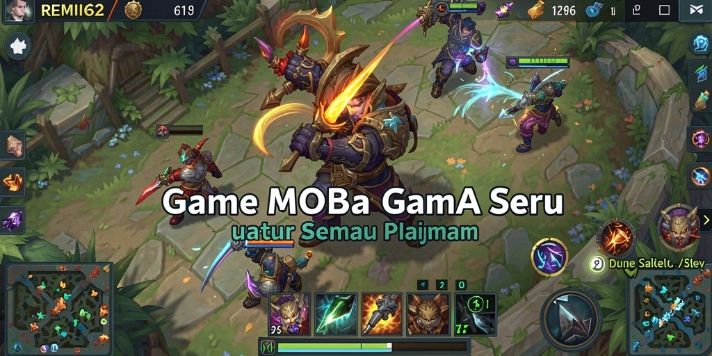 Tangkapan layar utama REMI62 menampilkan aksi gameplay MOBA yang intens.