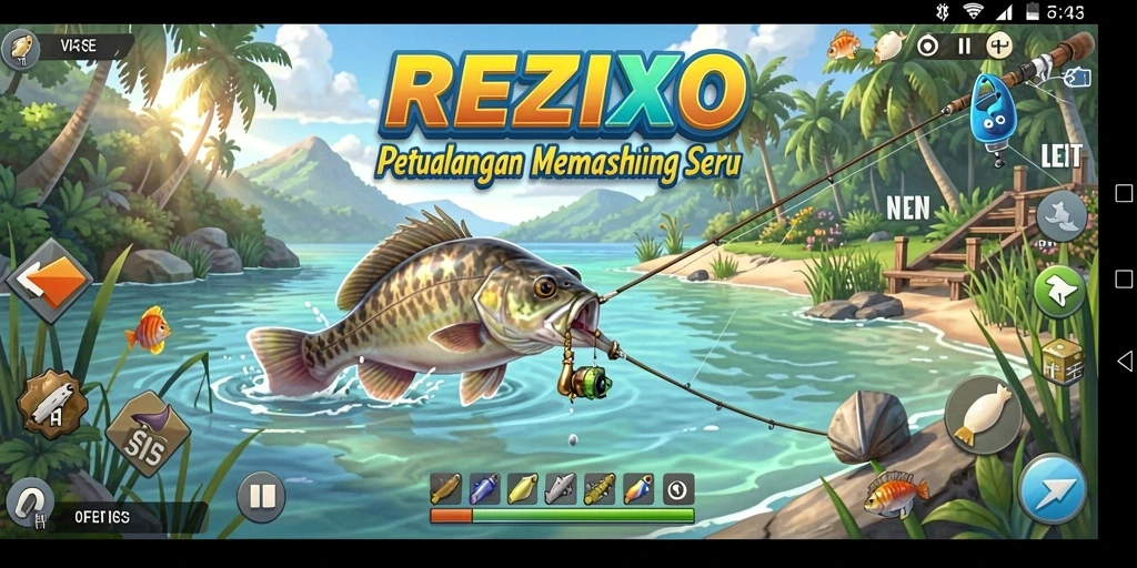 Tampilan gameplay <strong>REZIXO</strong> dengan pengalaman memancing yang menggembirakan.