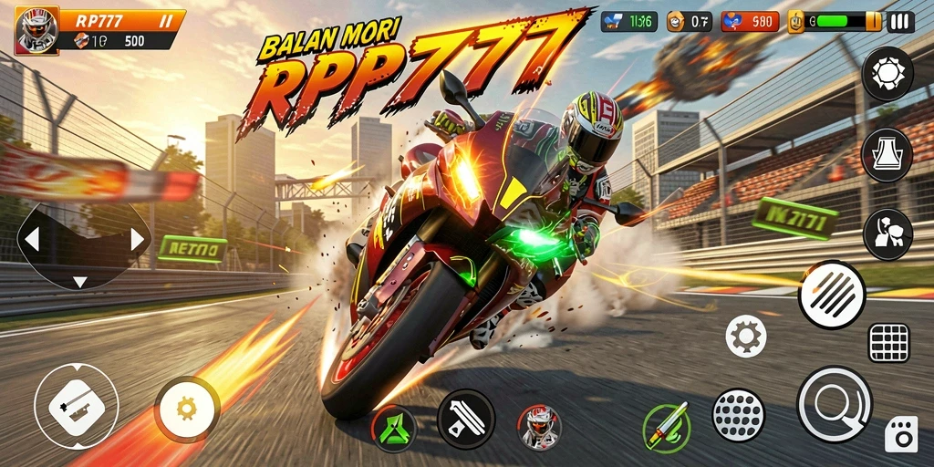 Screenshot utama RP777 menampilkan aksi balapan motor yang intens.
