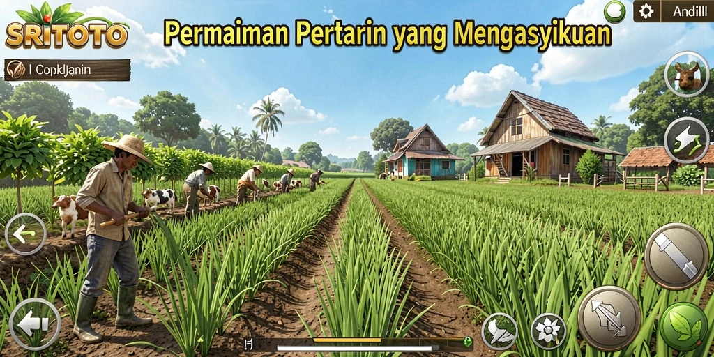 Tampilan gameplay SRITOTO saat bertani dengan tanaman hijau.