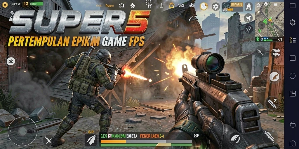 Tangkapan layar SUPER5 menunjukkan aksi tembak-menembak yang intens dan grafis tajam.